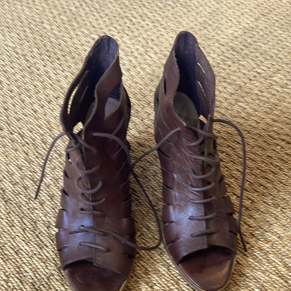 KMB brown leather, open toe shoe/sandal with a wedge heel. Like new condition.